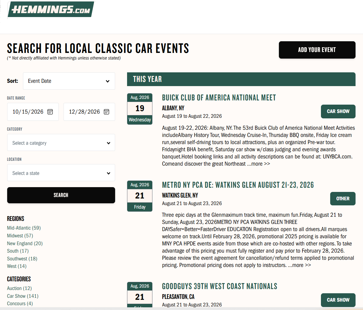 New England classic car events listing